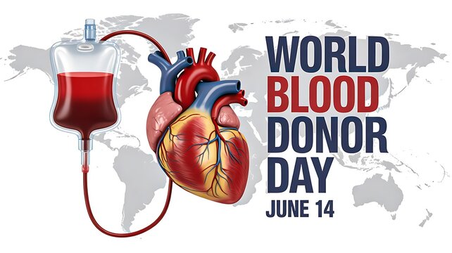 World blood donor day illustration with human heart and blood bag connected by tube for medical awareness