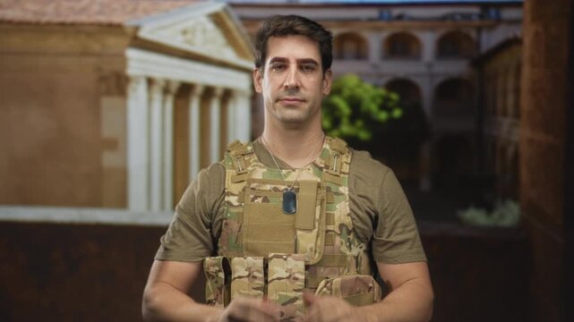 Man soldier wearing tactical vest with hands pressed together praying in building; reflection duty solemnity.