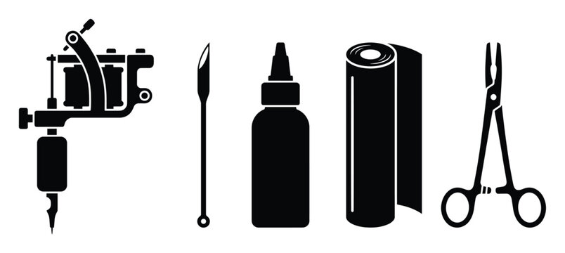 Professional tattoo and piercing equipment collection for body modification services, parlors, and educational materials.