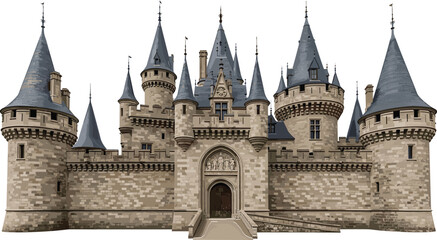 Detailed medieval stone castle with towers turrets and grand entrance historic fantasy architecture vector illustration isolated classic fortress design © Mamun