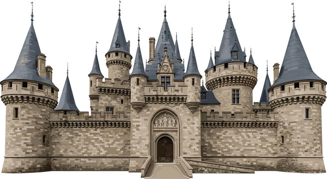 Detailed medieval stone castle with towers turrets and grand entrance historic fantasy architecture vector illustration isolated classic fortress design