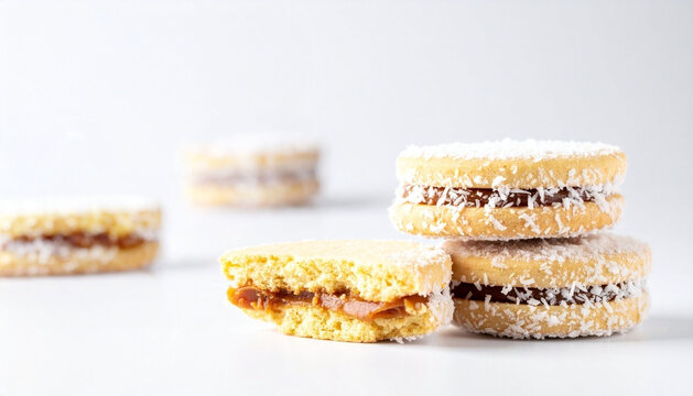 Traditional Argentinian alfajores on white background