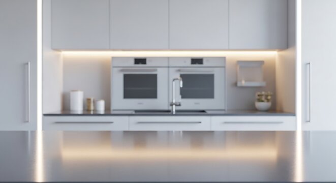 Pearl gray quartz kitchen countertop with futuristic blurred kitchen, interior photography for premium product display and modern branding