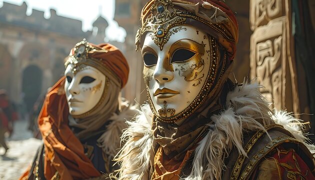 Two masked figures in ornate costumes stand together outdoors