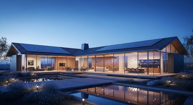 Futuristic smart home with seamless solar roof, architectural photography for sustainable luxury living and modern real estate advertising
