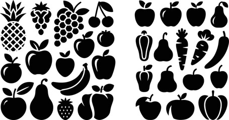 Black silhouette fruit and vegetable icon collection with apple pineapple grapes banana carrot pepper and berry set vector illustration © MDShakhawat