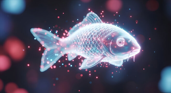 Glowing neon fish swimming in darkness.