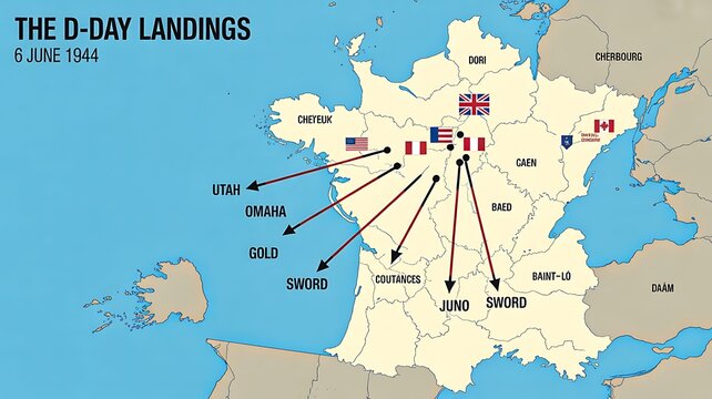 D day landings map of normandy invasion routes june 6 1944 historical illustration  