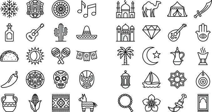 Black Outline Mexican And Arabian Cultural Icon Set With Cactus Camel Mosque Sombrero Flat Vector Illustration Collection