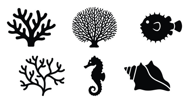 Collection of ocean life silhouettes including coral pufferfish seahorse and conch shell for aquatic decor.