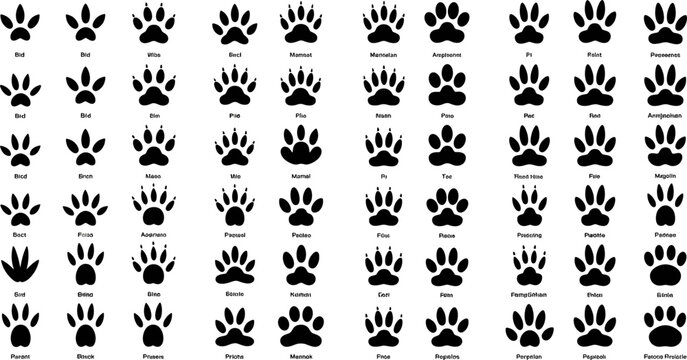 Comprehensive animal paw print track identification chart with fifty labeled wildlife species footprint silhouettes collection vector illustration