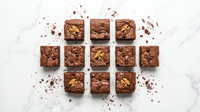 Delicious homemade chocolate brownies with walnuts and chocolate chips arranged neatly on an elegant white marble counter, ready for a sweet treat.