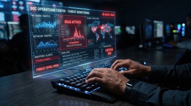 A person types on a keyboard while interacting with a holographic display that shows cybersecurity data and network alerts in a control center.