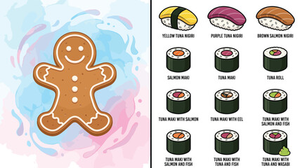 Cute Gingerbread Man Watercolor and Colorful Japanese Sushi Menu Icon Set Vector Illustration © MD