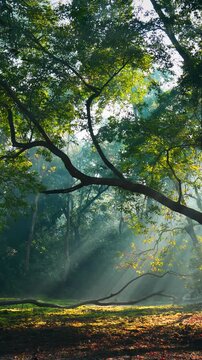 Mysterious lush green jungle timelapse with cinematic god golden morning rays. Sunlight filters through ancient trees in foggy hazy tropical forest, creating an atmospheric landscape cinematic glow.
