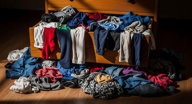 An overfilled drawer with clothes spilling out in a chaotic arrangement.