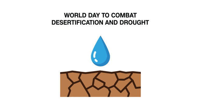 Blue water drop falling onto cracked dry soil for world day to combat desertification and drought