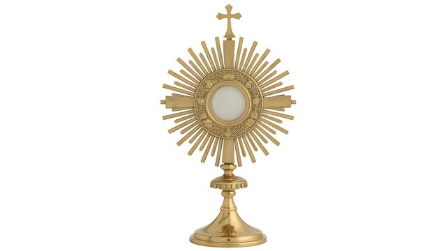 Golden monstrance isolated on white background with detailed catholic religious design