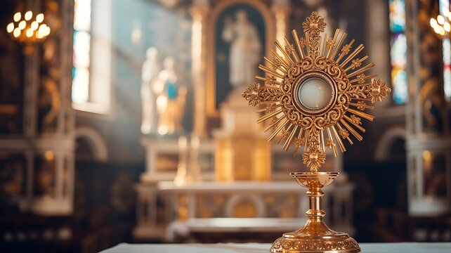 Golden monstrance on church altar with blurred cathedral background and warm light