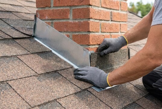 Close-up of a roofer installing flashing around a brick chimney on a shingled roof.