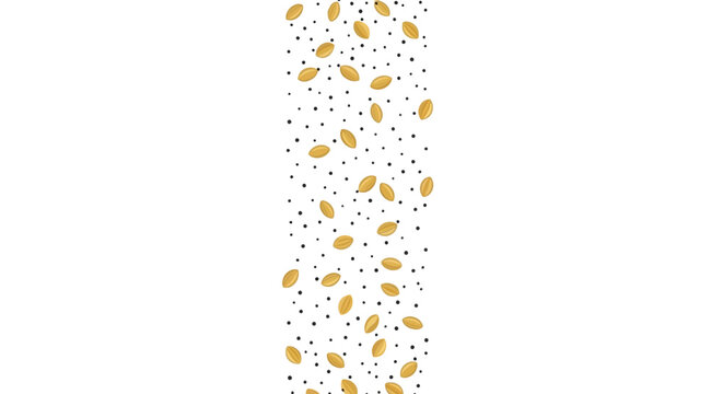 Falling golden grains and tiny dark specks creating a vertical pattern on a clean white background.
