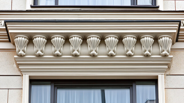 Decorative architectural cornice above window emphasizing natural beauty and tranquility