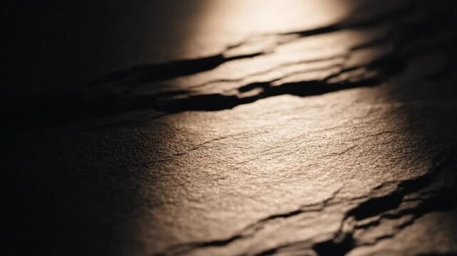 Close-up texture of dark slate rock surface with dramatic golden light casting shadows and highlights