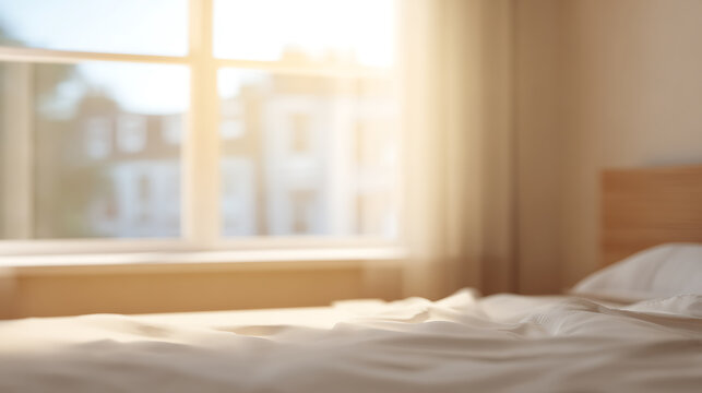 Sunlit bedroom with unmade bed for educational projects and academic promotions