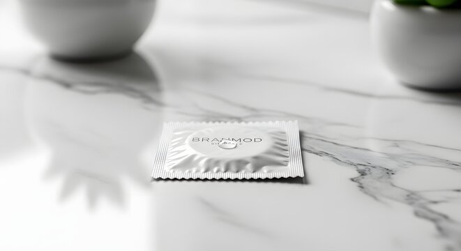 White condom wrapper on marble surface, contraceptive package for safe sex and family planning, latex protection on luxury stone background