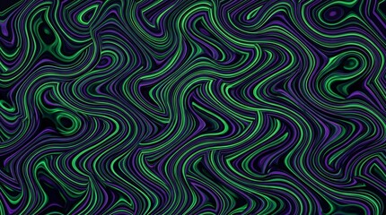 Fototapeta premium Psychedelic Wavy Abstract Background with Swirling Green and Purple Lines and Dark Black Contrast