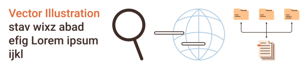 Data management, information search, organization tools, global connectivity, file sharing, document analysis. Magnifying glass, globe and file-sharing system. Data management and information search © robu_s