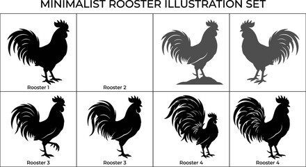 rooster cockerel silhouette collection with eight pose and style variations from ornate detailed to bold minimal vector illustration © MDShakhawat