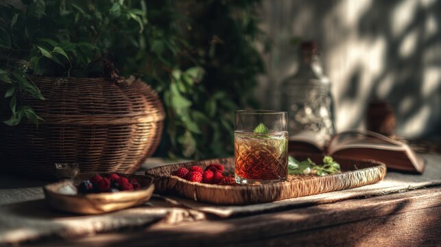 Summer veranda table with berries, iced mint tea and book.