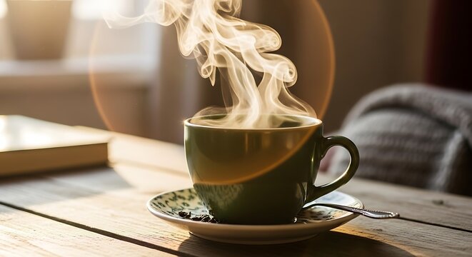 Steaming Coffee Cup on Wooden Table with Book.