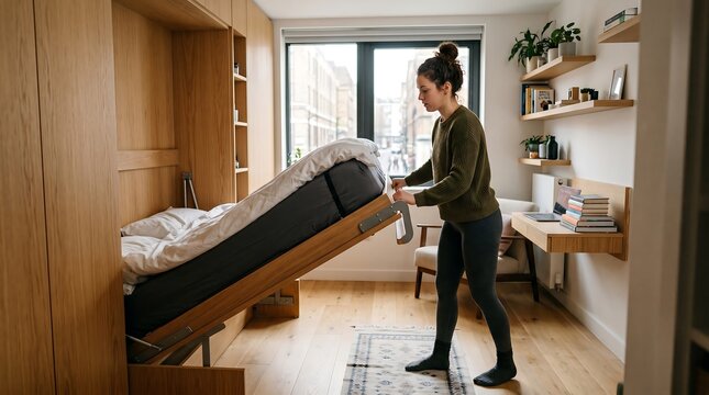 Woman pulls down a modern wall bed in a compact apartment to show efficient furniture design for small living spaces.