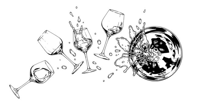Glass wine set with liquid splashing into a bowl illustration featuring drink, beverage, alcohol with party and celebration elements for event,