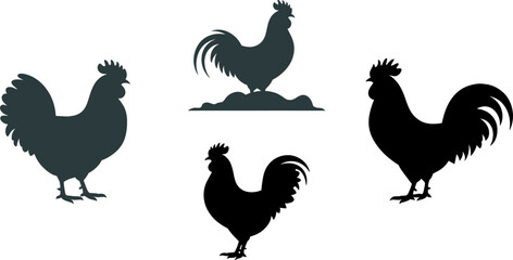 rooster cockerel silhouette collection with eight pose and style variations from ornate detailed to bold minimal vector illustration © MDShakhawat