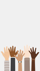 Fototapeta premium Flat design illustration of people with different skin colors raising their hands. Unity concept.