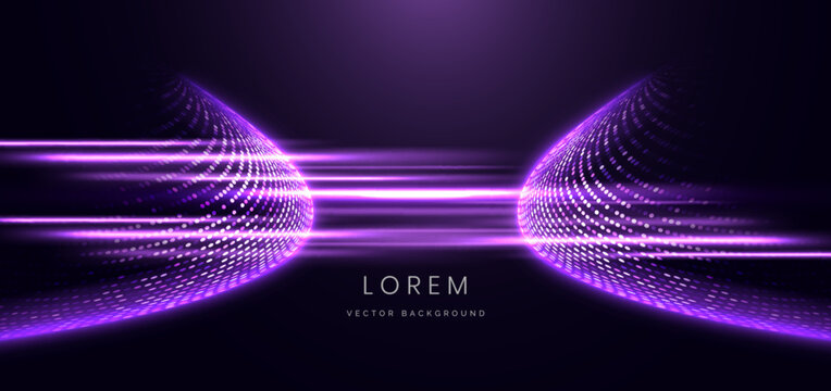 Abstract purple dotted wave background featuring flowing curves, glowing particles