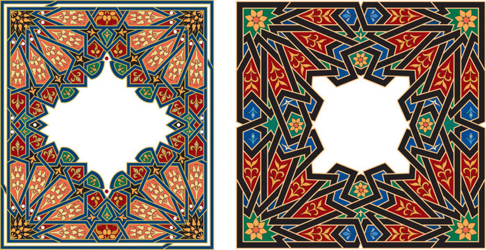 Intricate islamic geometric patterns displayed in two stained glass designs