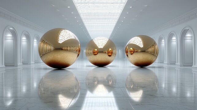 Three large spheres in a bright hall with arches