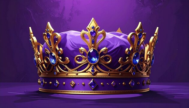 luxury golden crown with purple velvet on dark royal background