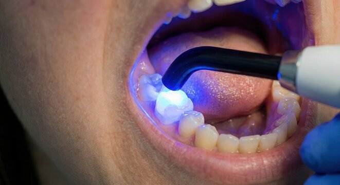 Dentist using a curing light to harden dental filling material on a tooth in a patient's mouth.