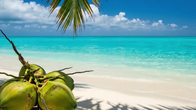 Tropical Beach Scene with Fresh Green Coconuts on White Sand and Turquoise Ocean Water