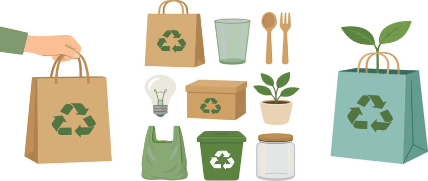 Sustainable zero waste lifestyle icons set with hand holding recycle paper bag green plant light bulb and reusable containers for environment conservation concept vector illustration