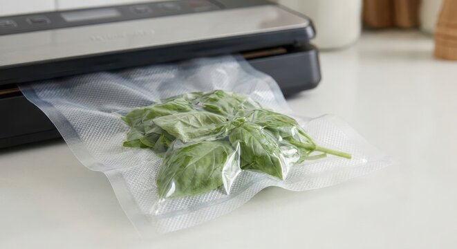 Vacuum sealer machine preserving fresh green basil leaves in a clear plastic bag on a white countertop.