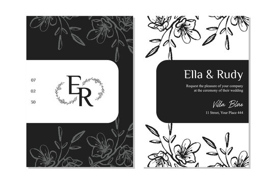 Floral wedding invitation template with minimalist botanical line art	