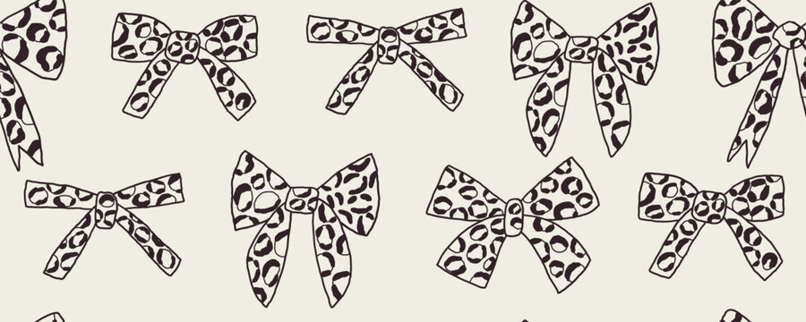 Cute Preppy Bow Leopard Seamless Pattern. Bow Leopard Animal Aop Spots Wrap Bg. Seamless Ribbon Leopard Wrapping Paper. Vector Doodle Background