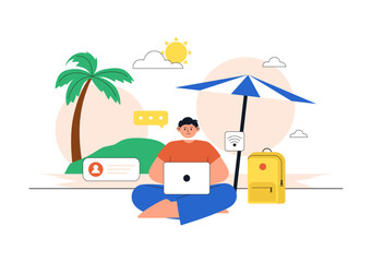 Fototapeta premium Digital Nomad Lifestyle Illustration Featuring Remote Work Travel With Laptop, Online Communication, Beach Office, and Global Connectivity Design
