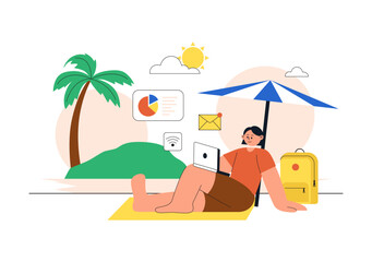 Fototapeta premium Digital Nomad Lifestyle Illustration Featuring Remote Work Travel With Laptop, Online Communication, Beach Office, and Global Connectivity Design